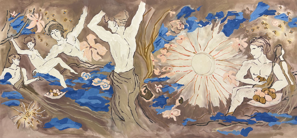 Artistic depiction of figures in a fantasy scene with a central figure sitting on clouds.